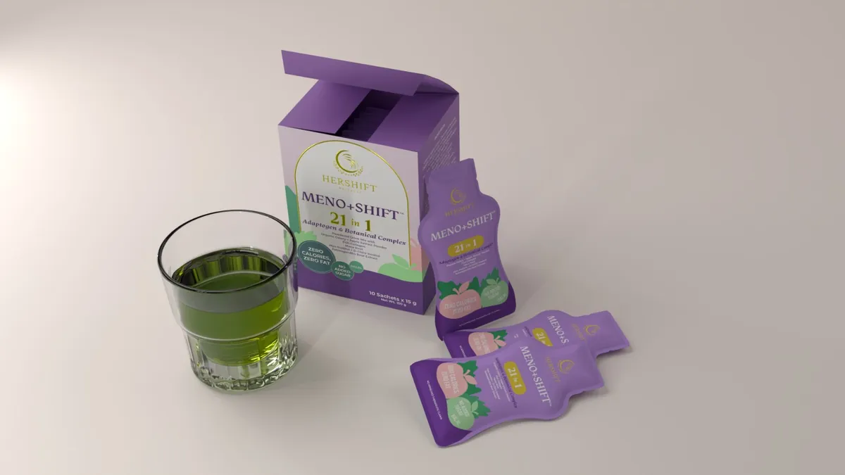 Meno+Shift box, sachet and drink